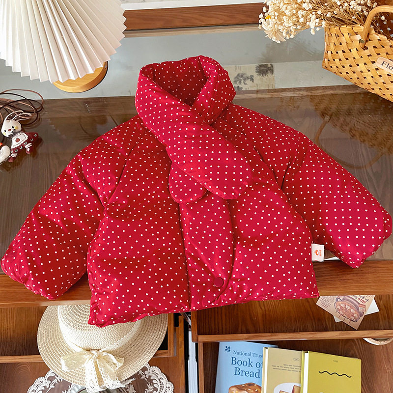 儿童羽绒服2025冬季新款红色波点女童围脖羽绒服可爱中小童棉服,淘宝优惠券,粉丝福利购,淘宝优惠卷