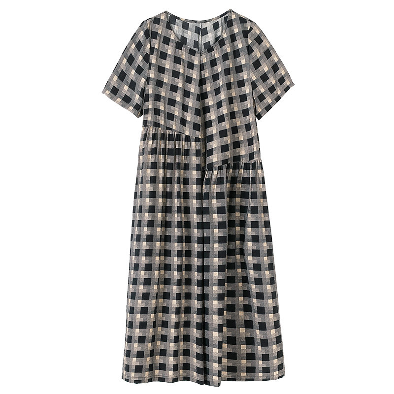 格纹2023新款夏季高级感名媛连衣裙 火袖连衣裙