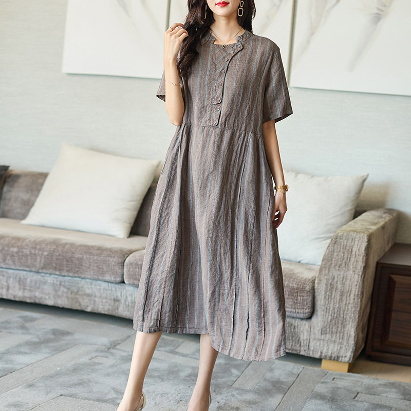 亚麻女2022新款夏高级感名媛连衣裙 火袖连衣裙