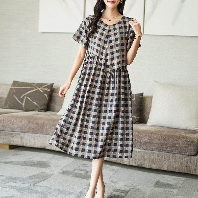 格纹2023新款夏季高级感名媛连衣裙 火袖连衣裙