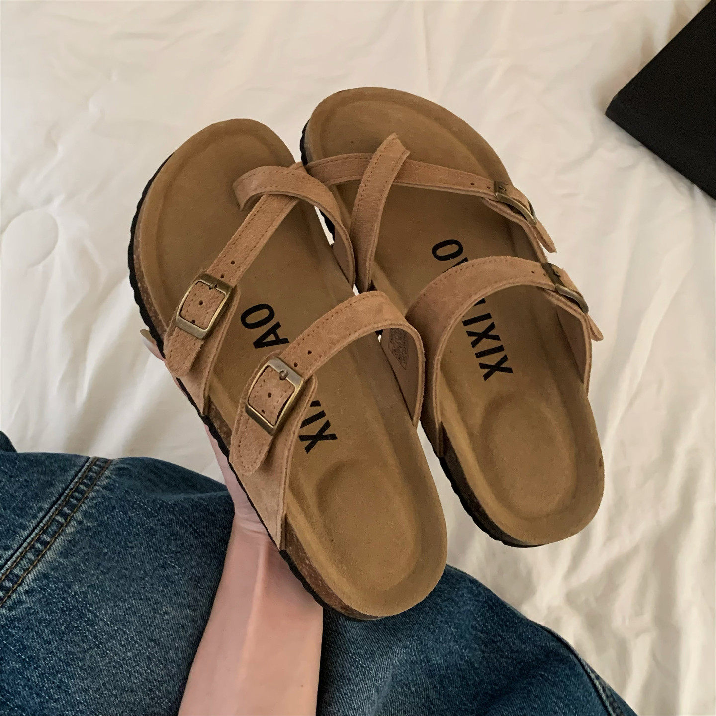 时尚方扣交叉带外穿夹趾足弓拖鞋夏季软木磨砂牛皮防滑女士勃肯鞋,淘宝优惠券,粉丝福利购,淘宝优惠卷