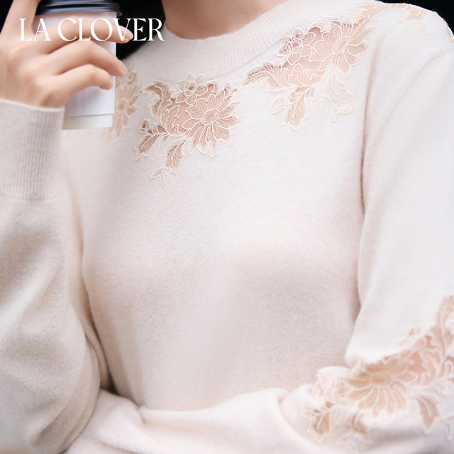 LA CLOVER Hua Yue Man Yi round neck lace cashmere sweater LC72YQ2