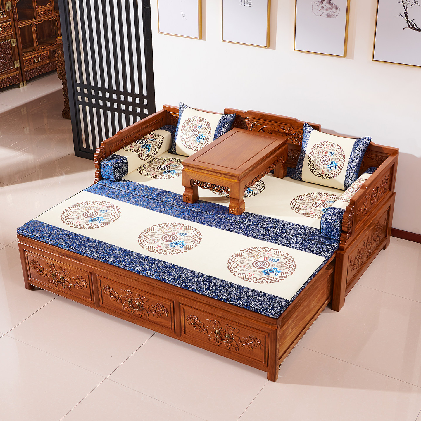 新中式伸缩两用推拉床实木罗汉床小户型客厅储物抽拉榆木沙发床榻,淘宝优惠券,粉丝福利购,淘宝优惠卷