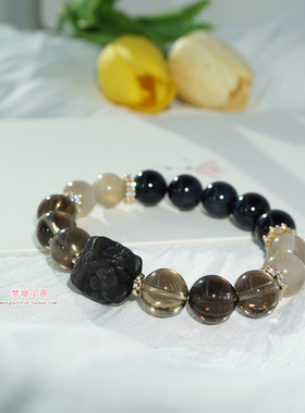 天然水晶黑曜石醒狮茶水晶时尚饰品酷酷手链手串送男女生礼物