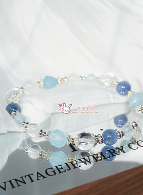 天然多宝水晶手链手串吧白水晶蓝晶石时尚饰品小清新送女生日礼物
