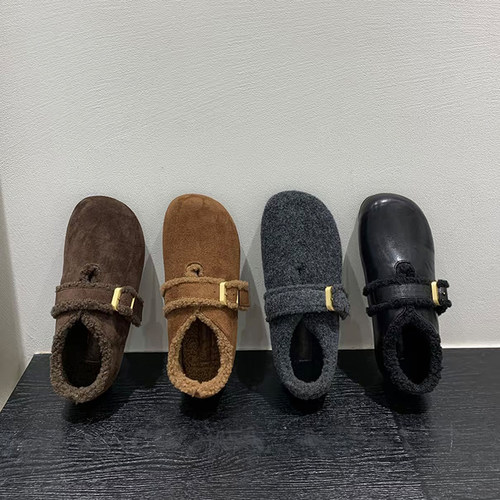 复古平底毛呢全包加绒勃肯鞋女2025秋冬新款保暖乐福鞋一脚蹬棉鞋 - 图0