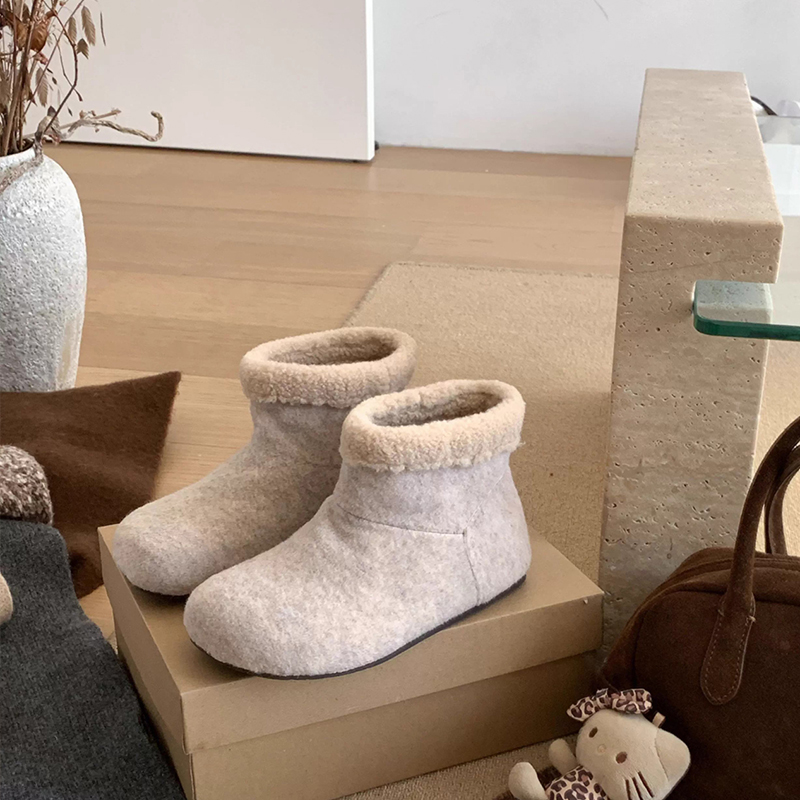 内增高毛呢短筒厚底加绒短靴女2025秋冬新款勃肯鞋雪地靴保暖棉鞋 - 图0