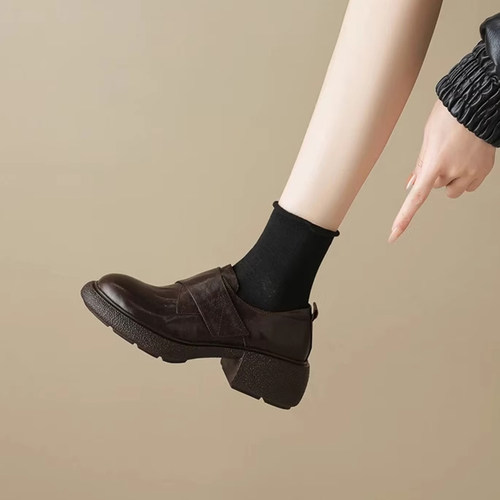 复古英伦风小皮鞋女2025秋季新款厚底圆头乐福鞋粗跟魔术贴单鞋子 - 图2