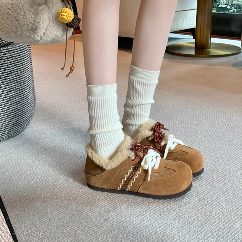 复古内增高毛毛鞋勃肯鞋女2025秋冬季新款加绒保暖系带德训鞋棉鞋 - 图3