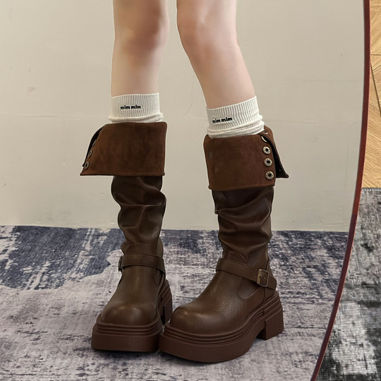 棕色复古英伦风粗跟厚底长筒靴女2025新款秋冬季显瘦长靴骑士靴子