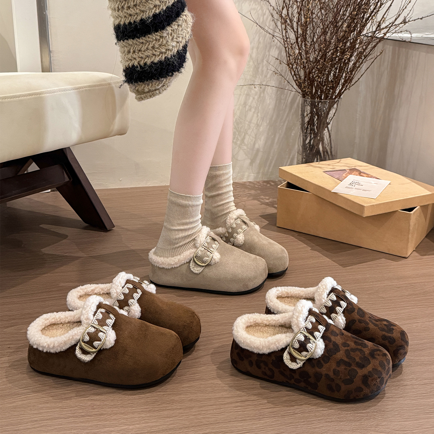毛毛鞋厚底内增高加绒勃肯鞋包头半拖鞋女款2025新款秋冬季棉拖鞋 - 图0