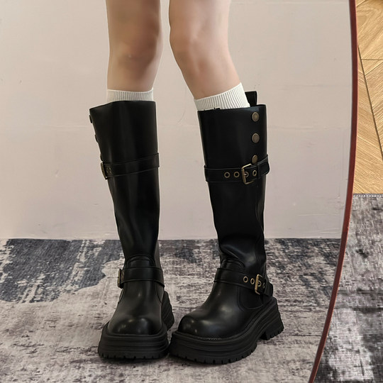 黑色复古英伦风粗跟厚底长筒靴女2025秋冬新款长靴高筒显瘦骑士靴