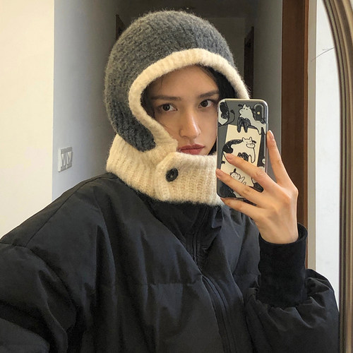 上镜~巴拉克拉法帽女秋冬季保暖针织毛线帽子围脖一体百搭雷锋帽 - 图0
