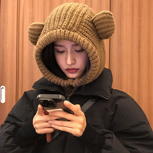 可爱小熊耳朵毛线帽子女秋冬季百搭保暖雷锋帽套头围脖一体针织帽 - 图1
