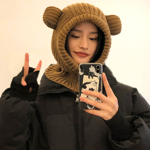 可爱小熊耳朵毛线帽子女秋冬季百搭保暖雷锋帽套头围脖一体针织帽 - 图2