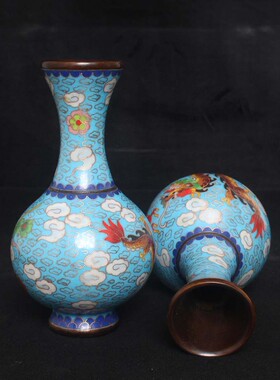 铜器收藏民俗老物件复古怀旧纯铜摆件 彩绘景泰蓝龙凤花瓶 天球瓶