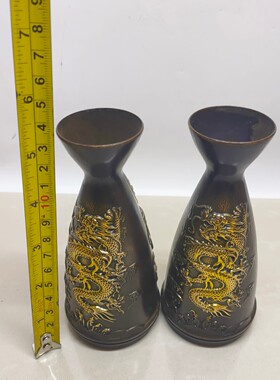 铜器收藏古铜色鎏金龙凤分酒器 酒盏 小花瓶 家居摆件 复古铜器
