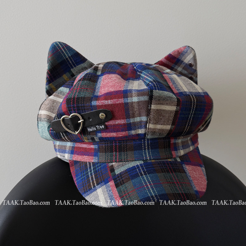 TAAK日系y2k格纹猫耳朵八角帽贝雷帽子女秋冬季显脸小可爱报童帽,淘宝优惠券,粉丝福利购,淘宝优惠卷