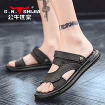 Bull World Home Sandals Mens Summer 2023 New Genuine Leather Men Slippers Casual Outwear Driving Beach Leather Sandals