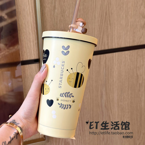 韩国星巴克杯子2026黄色可爱蜜蜂蜂蜜管子黑金 马克杯吸管杯女神 - 图1