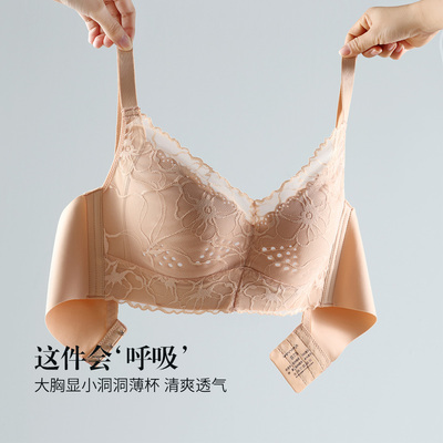 芬怡超薄内衣女大胸显小无钢圈收副乳性感蕾丝透气洞洞杯文胸8968