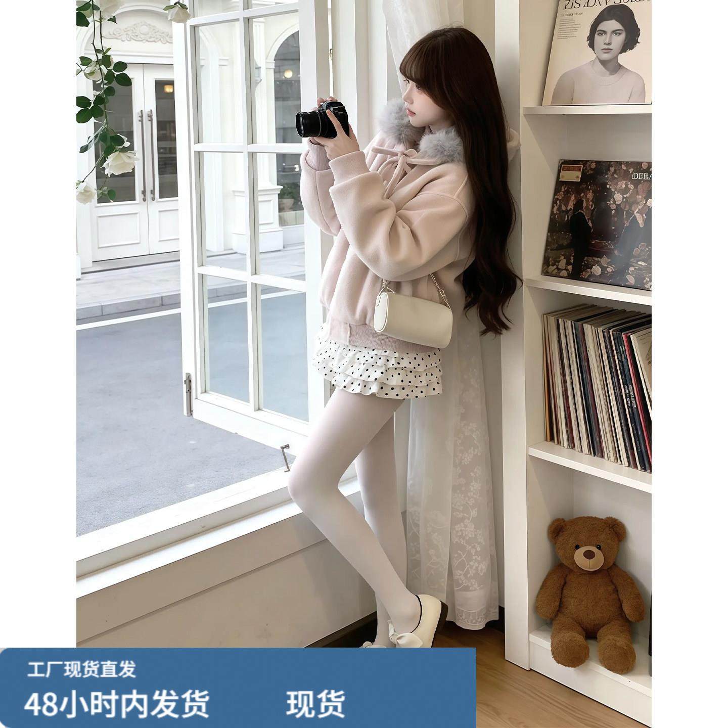 韩系甜美粉色毛呢外套2025冬季独特超好看温柔蝴蝶结宽松连帽外套,淘宝优惠券,粉丝福利购,淘宝优惠卷