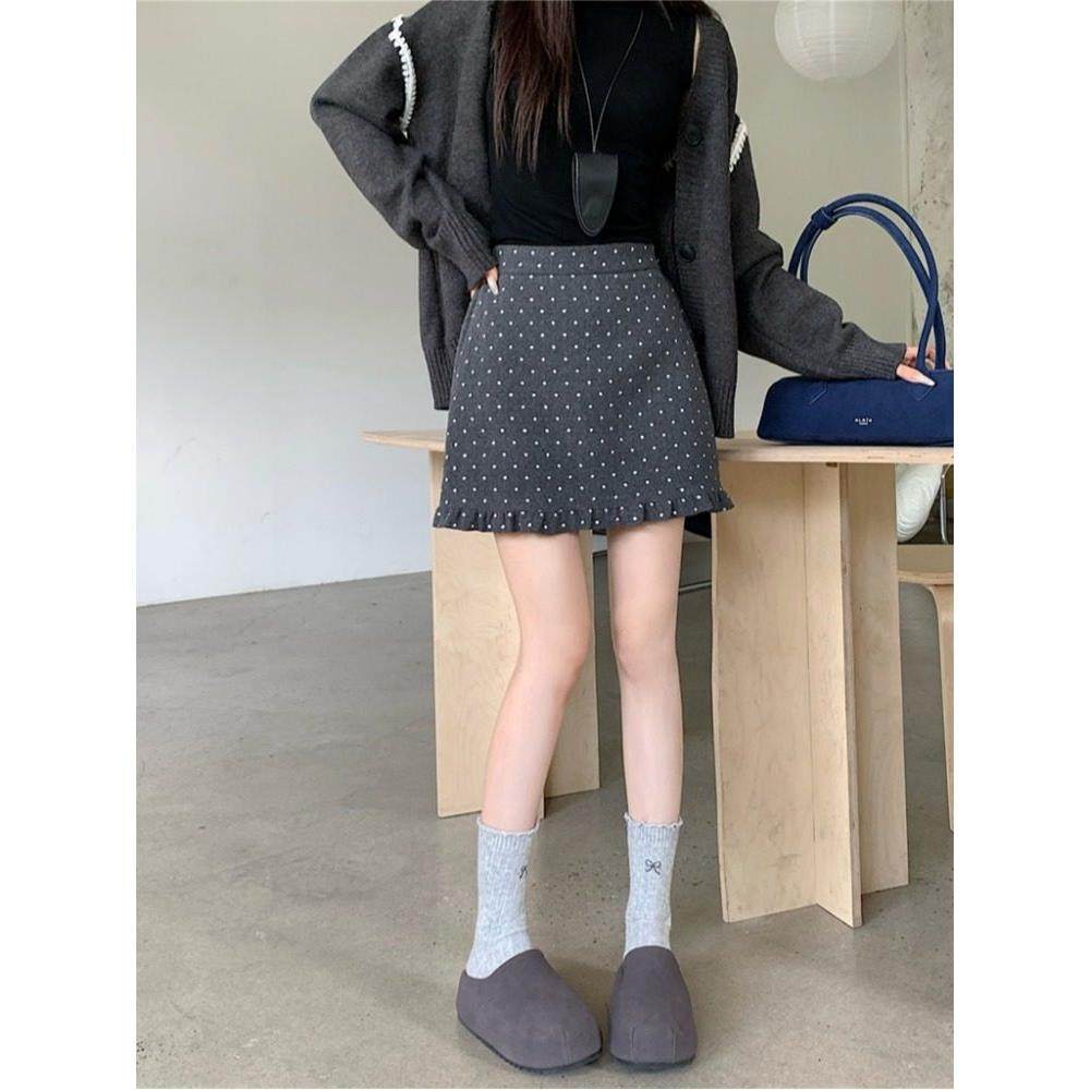 大码黑色波点毛呢半身裙女秋冬巨好看的短裙胖mm高腰显瘦a字半裙,淘宝优惠券,粉丝福利购,淘宝优惠卷