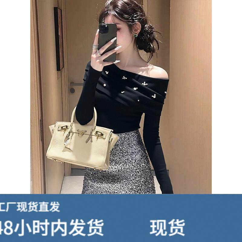 秋冬季独特黑色修身显瘦长袖t恤上衣设计感辣妹斜肩露肩打底衫女,淘宝优惠券,粉丝福利购,淘宝优惠卷