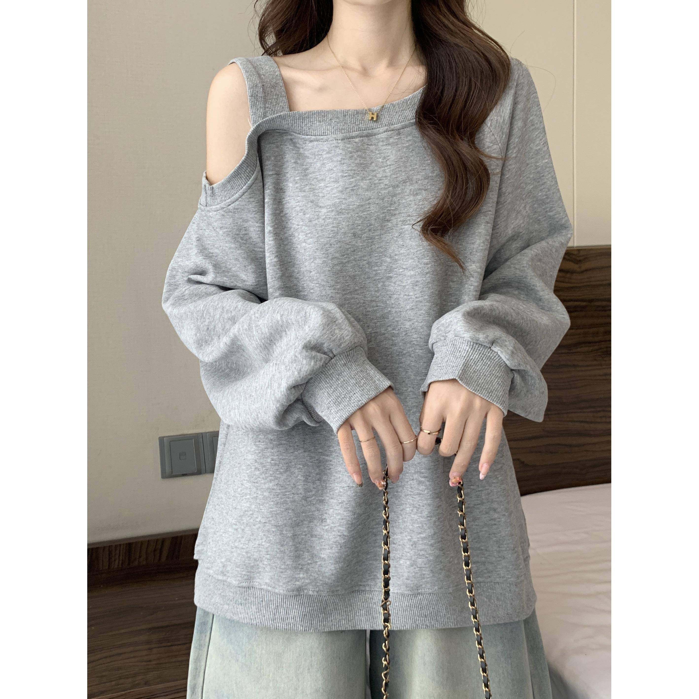 大码高级感黑色露肩长袖卫衣秋装女胖mm显瘦中长款遮屁股斜肩上衣,淘宝优惠券,粉丝福利购,淘宝优惠卷