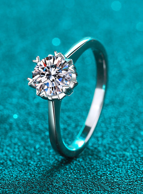 s925银镀18K金戒指女直比雪花1克拉莫桑石订婚钻戒镀PT950 铂金