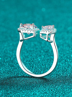 s925银镀18K金活口戒指女莫桑石心相连指环镀pt950铂金轻奢风饰品