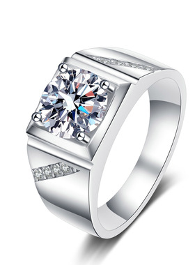 s925银镀18K金情侣男戒指莫桑石大男戒子镀pt950铂金高端时尚饰品