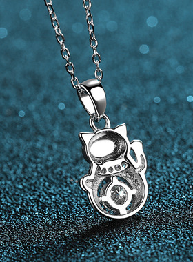 S925纯银镀18K金莫桑石项链女招财猫钻石镀PT950铂金颈链简约吊坠