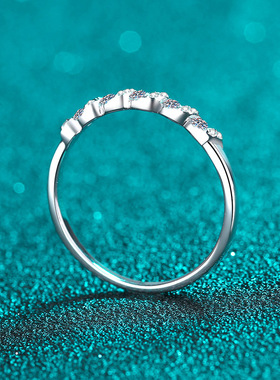 s925银镀18K金戒指女莫桑石水波纹指环镀pt950铂金简约手饰品高端