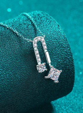 s925纯银镀18K金吊坠正方莫桑石项链设计感轻奢锁骨链镀PT950铂金