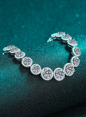 S925纯银镀18K金莫桑钻手链女众包莫桑石豪华手镯镀pt950铂金饰品