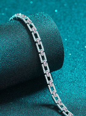 925纯银镀18K金D色莫桑钻手链女群镶莫桑石手镯镀pt950铂金镯子