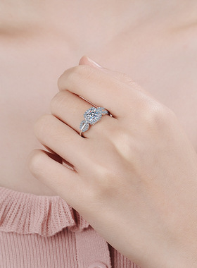 s925银镀18K金戒指女莫桑石树叶指环镀pt950铂金钻石介子轻奢高端