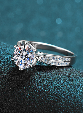 s925银镀18K金戒指2克拉钻石六爪戒指星光莫桑石戒指镀PT950 铂金