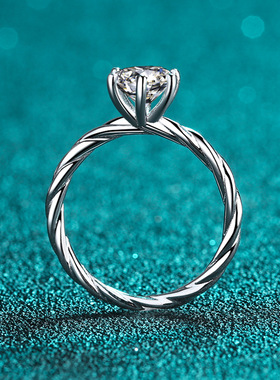 s925银镀18K金莫桑石戒指女镀pt950铂金钻戒女麻花扭臂指环轻奢风