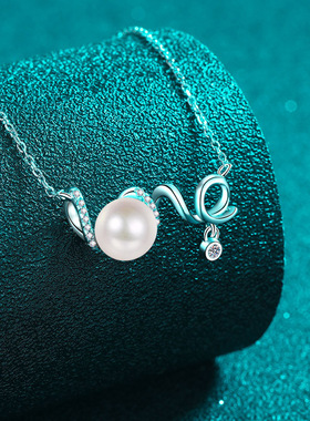 s925银镀18K金莫桑钻珍珠项链LOVE吊坠镀PT950铂金小众锁骨链简约