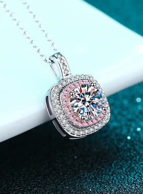 s925银镀18K金方形微镶包边钻石项链莫桑钻女士颈链镀PT950 铂金