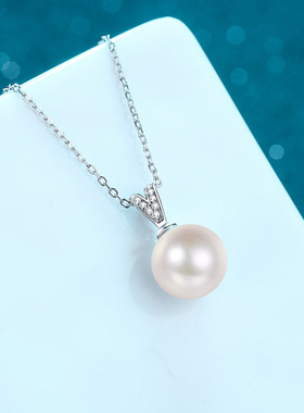 s925银镀18K金女镀pt950铂金 10mm小香风淡水珍珠简约莫桑石项链