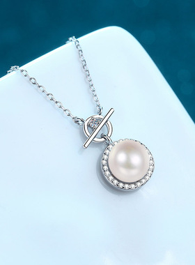 s925纯银镀18K金项链女淡水珍珠莫桑石镀pt950铂金锁骨链钻石饰品