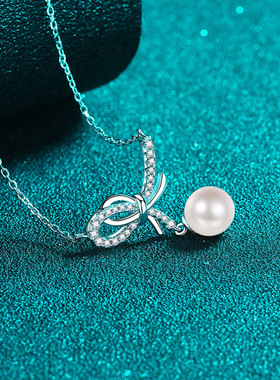 s925银镀18K金莫桑钻珍珠镀PT950 铂金项链吊坠甜美锁骨链简约款