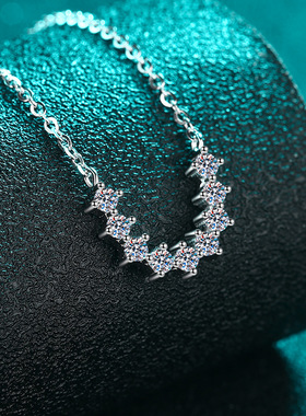 S925纯银镀18K金莫桑石项链女U形排吊坠简约钻石吊坠镀PT950 铂金