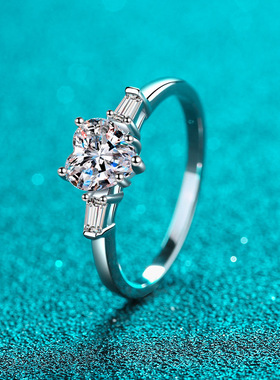 s925银镀18K金戒指女心形莫桑石指环镀pt950铂金钻石小众个性饰品