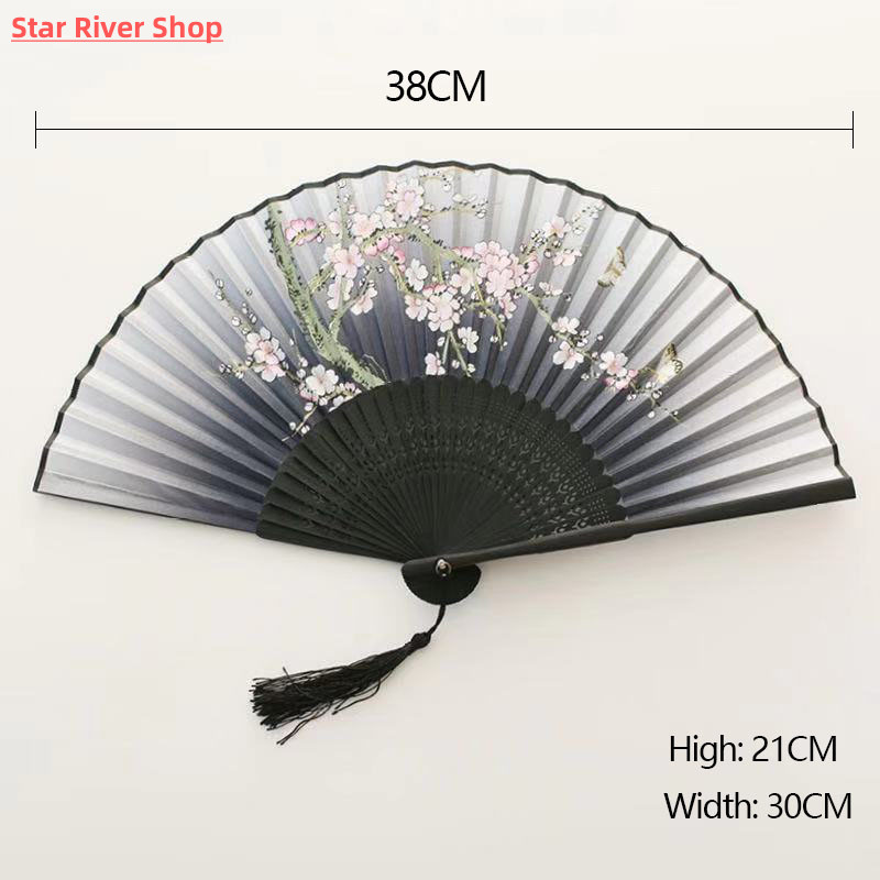 Vintage Silk Folding Fan Retro Chinese Japanese Bamboo Hand-图1