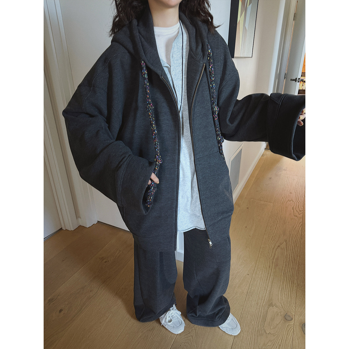 MOERSHOP 宽松系列 博主心头好深灰色加绒连帽卫衣套装宽松阔腿裤,淘宝优惠券,粉丝福利购,淘宝优惠卷