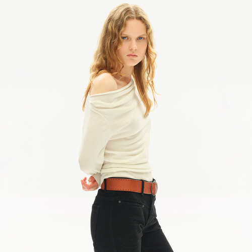 SMIIILE气质一字领斜肩露肩堆叠羊毛针织衫秋修身显瘦打底衫上衣 - 图2